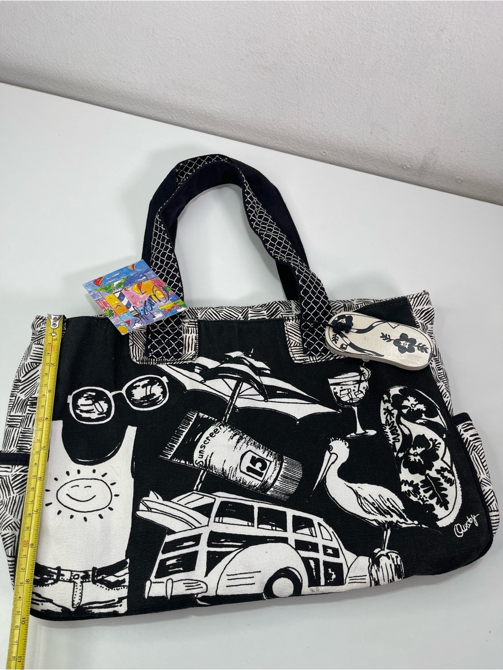 Sun N’ Sand Artistic Canvas Black White Tote Bag Beach Bag Sandal Charm Travel - Picture 4 of 9